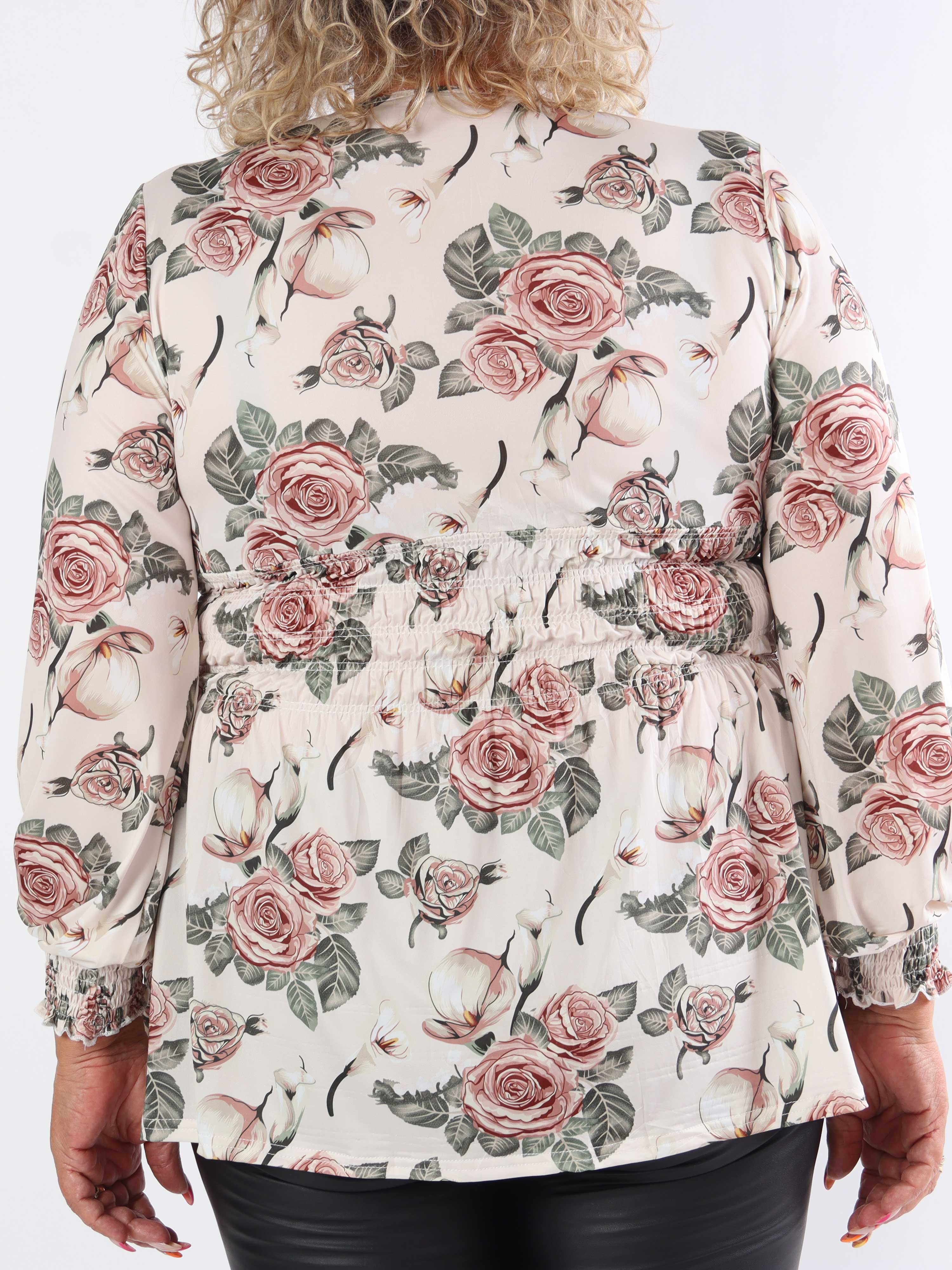 Pams Rose Shirt L/S - Elastisk plus size bluse i krølfrit stof med roser